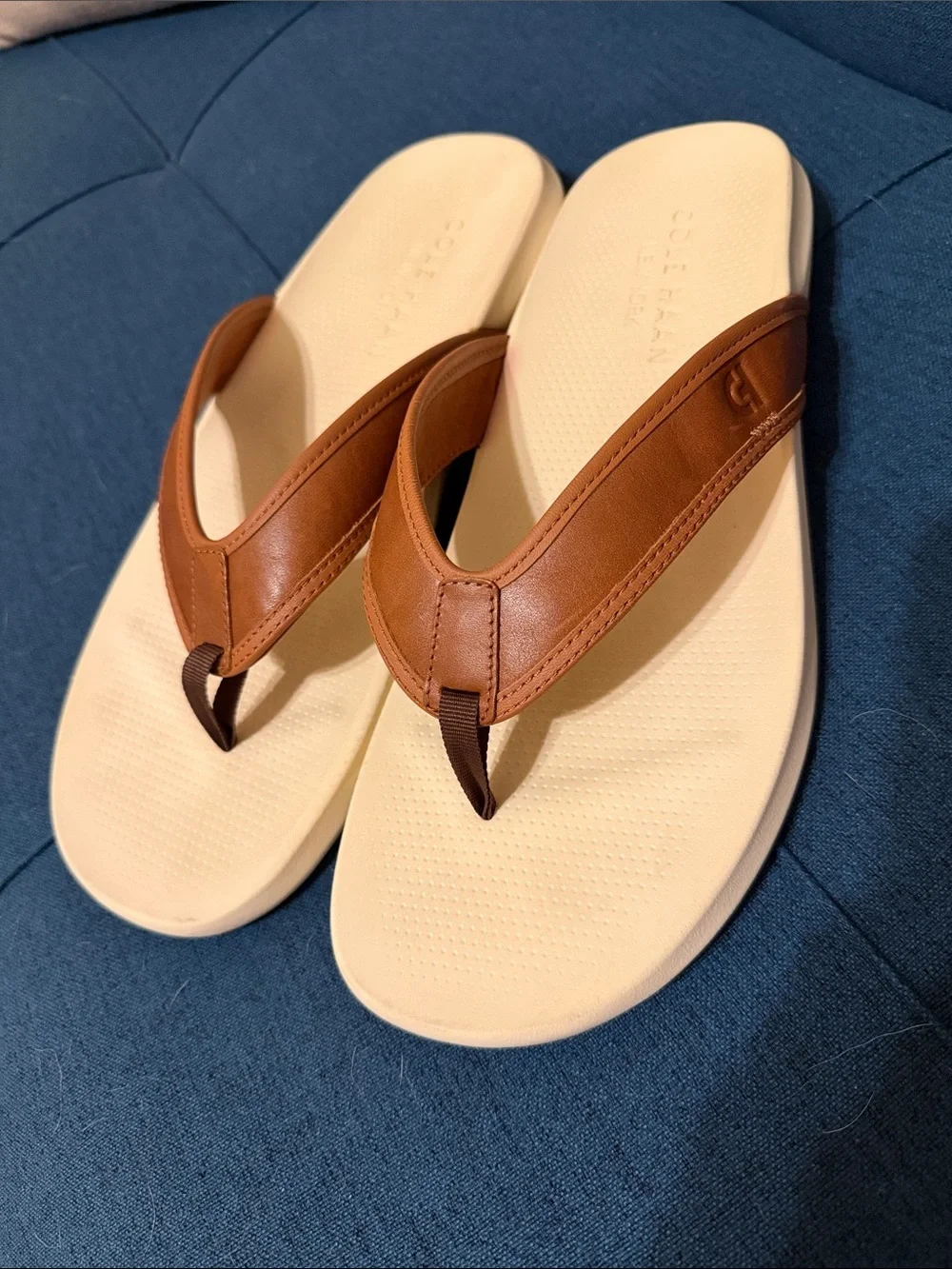 Cole Haan Tan Leather Strap Flip-Flops with Cream Footbed